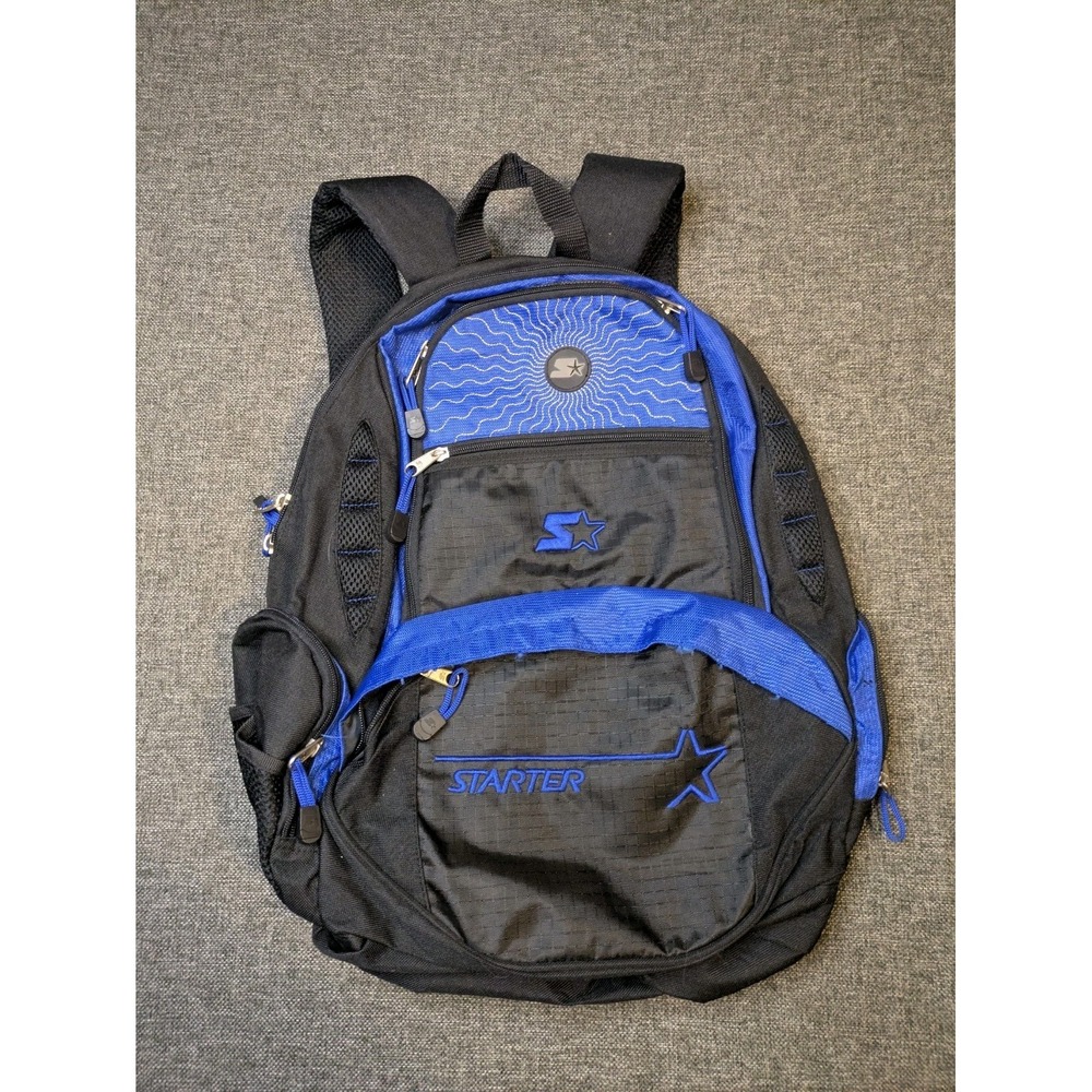 Vintage Starter Black / Blue Backpack Zip Closure 90s School Book Bag Pockets